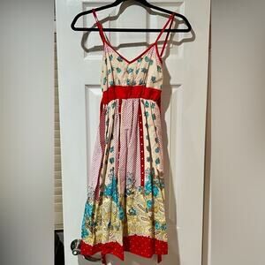 Sidecca Sundress adjustable straps floral waist tie Small Red Turquoise Cream